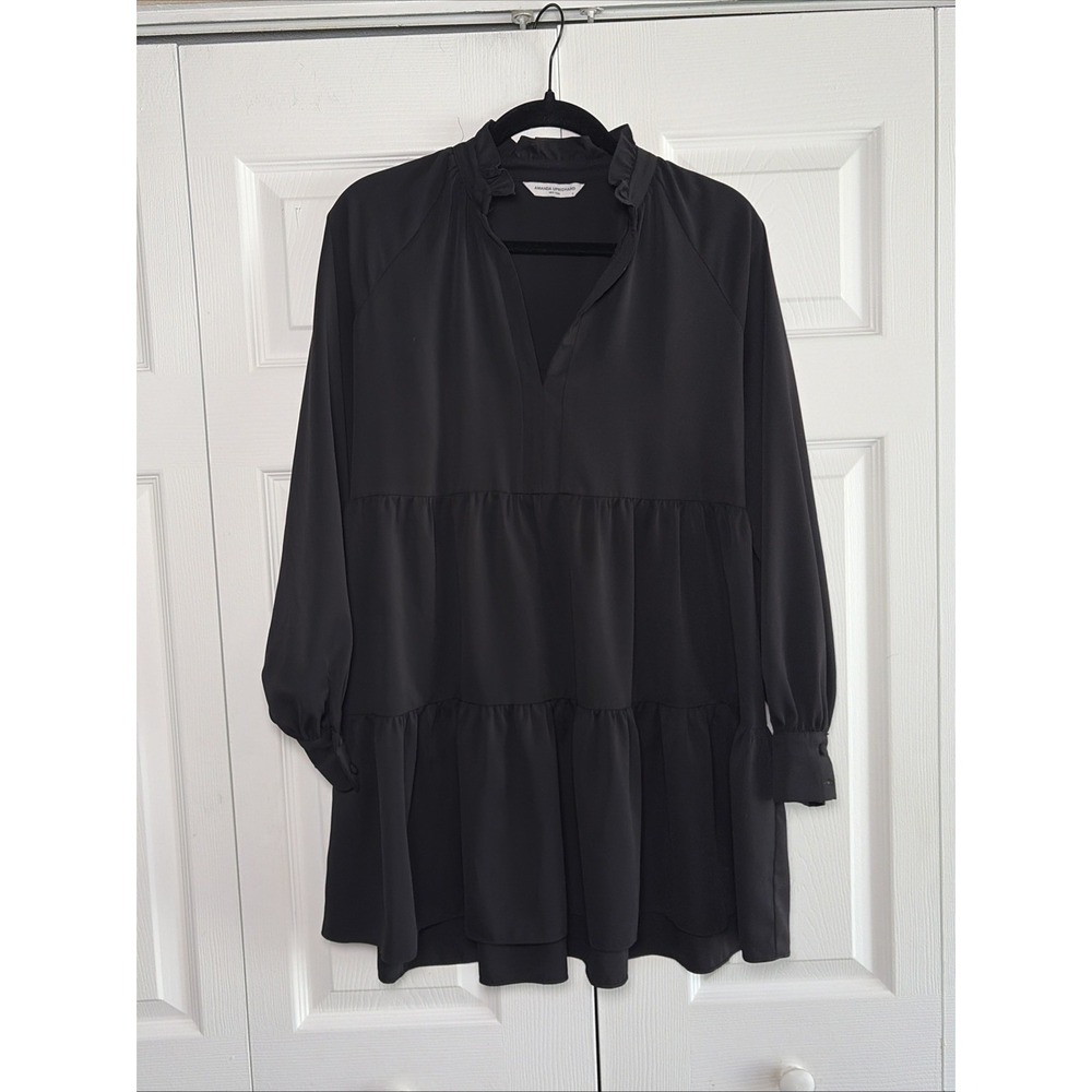 Amanda Uprichard Tiered Mini Dress Womens Size S Black Ruffle Neck Long Sleeve